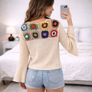 Crochet Granny Square Boho Open Knit Tie Front Cropped Bell Sleeve Sweater Top